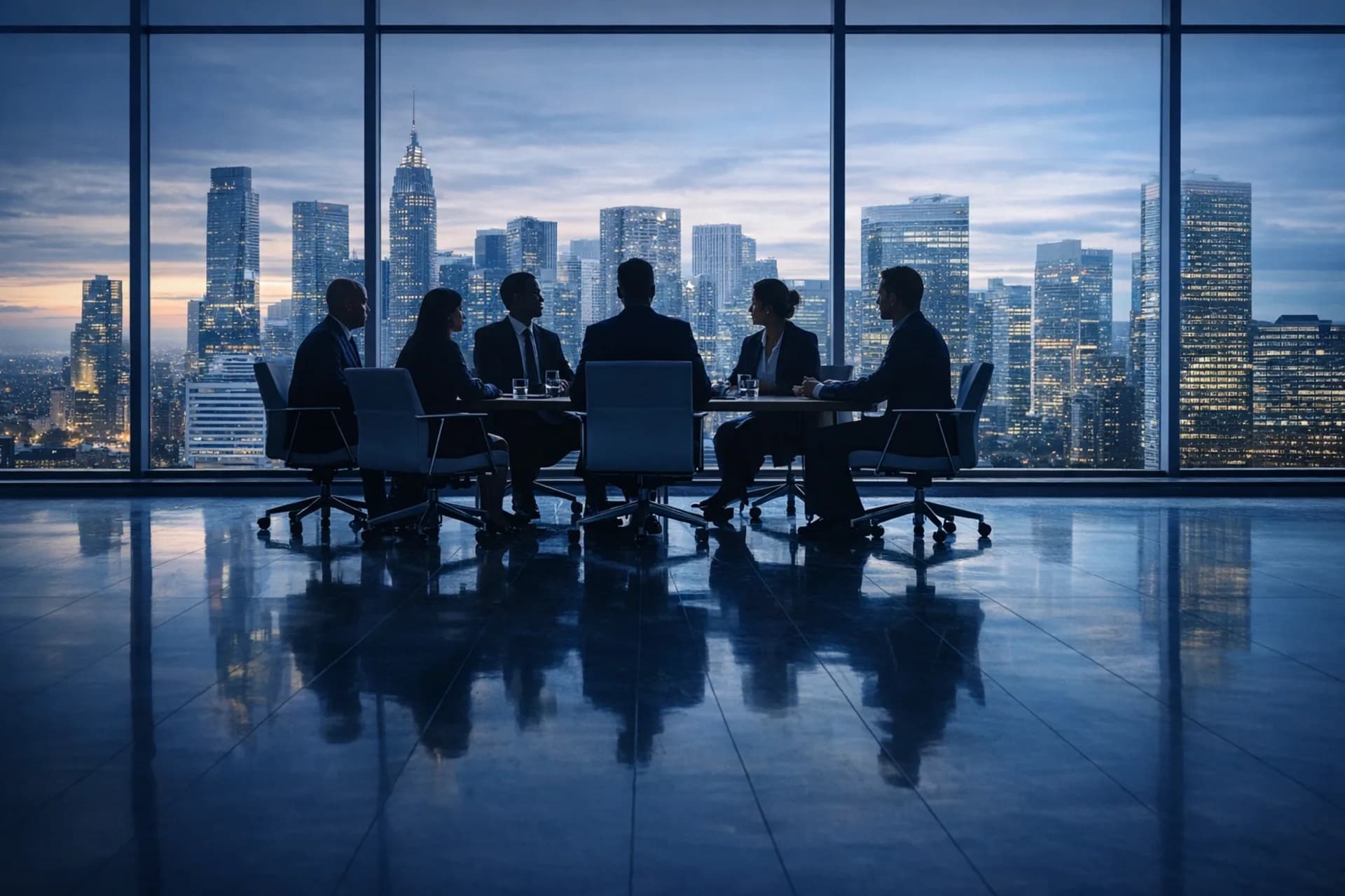 Reunião de lideranças em sala corporativa ao anoitecer